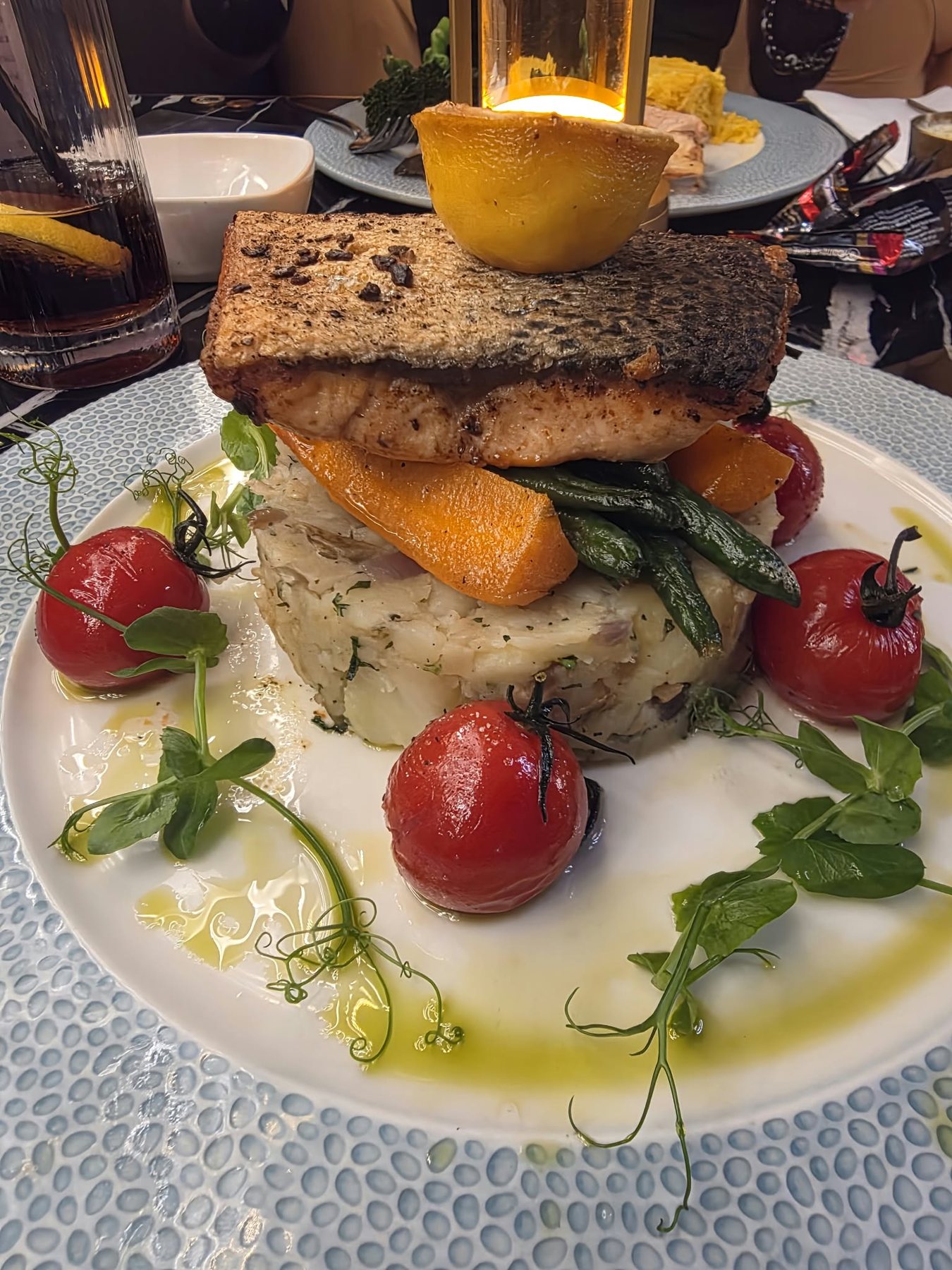 Salmon stack with tempura vegetables
